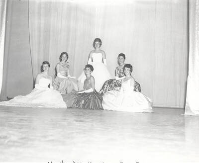 Queen contestants pose for a group photo on stage at the 37th National Convention of the Intercollegiate Knights, a national honorary service organization.