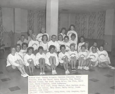 Members of the  Helldivers swimming club pose for a group photo. Individuals identified from left to right. Bottom: Allgair, Corlette, Wohletz, Shern, Weigelt, Thunen, Finney, Bone, Miles, Fisk, Falk, Coughlan, McBratney; middle: Just, Hamlet, Brown, Schini, Evans, Kelly, Wassler, Libby; top: Calmpbell, Wood, Kempton, Evans