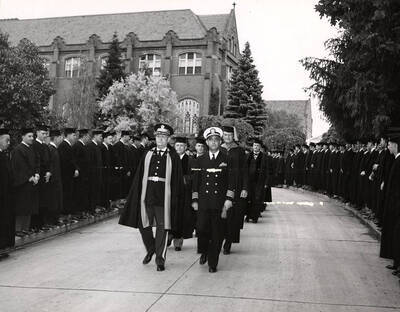 The 1949 Commencement Procession being led led by Colonel Charles F. Hudson and Captain Church A. Chappell.