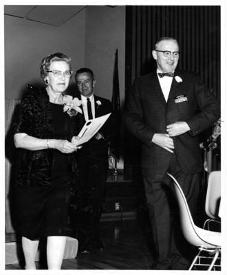 Jim Lyle, Alumni secretary, and his wife, upon his retirement at the 1969 Commencement ceremony. Photographer Publications Department
