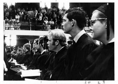 Graduates seated in the Memorial Gymnasium for the 1970 Commencement ceremony.