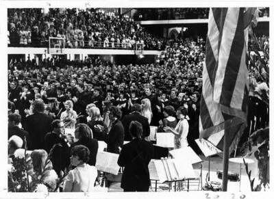 The graduating class of 1970 in the Memorial Gymnasium for the Commencement ceremony.