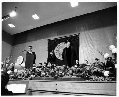 Louis DeSpain receiving an honorary Doctor of Science degree during the 1971 Commencement ceremony.