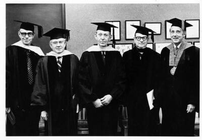 Honorary degree recipients with University of Idaho President Ernest W. Hartung (right). L-r: Cecil Corlett, Thomas Taylor, Clinton Gutermuth and John Peacock.