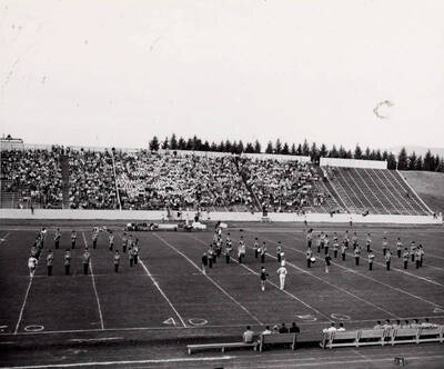 The Vandal Marching Band spells out 'DAD' on the football field for a Dad's Weekend football game.