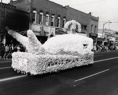 Theta Chi and Alpha Gamma Delta's whale float drive down Main Street in the Homecoming parade.