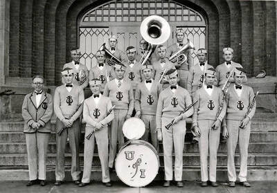 Idaho's pep band poses for a photograph outside of the Administration Building.
