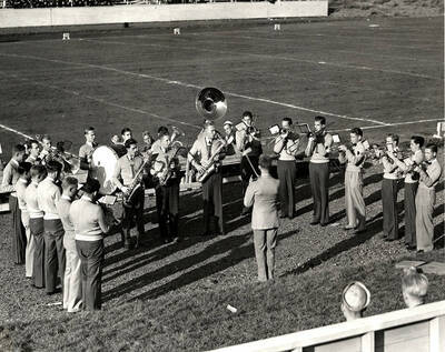 Idaho's pep band plays during a football game at Neale Stadium.