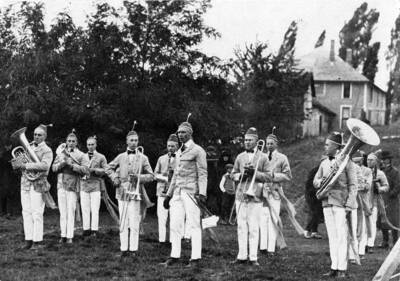 A closer shot of the Idaho pep band waiting to perform on MacLean Field's south hill.