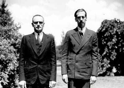 Walker R. Young, who received an honorary degree, and commencement speaker Earnest K. Lindley pose together after Idaho's commencement.