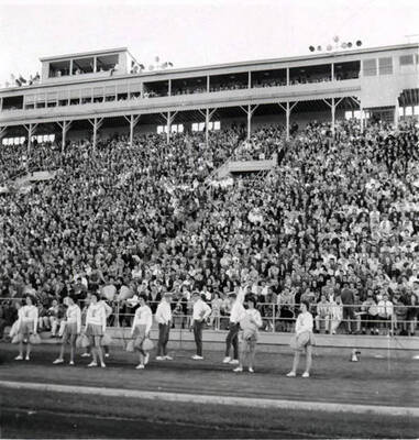 Cheerleaders stand in support in front of the packed stands at the Idaho vs. Washington State football game at the University of Idaho.