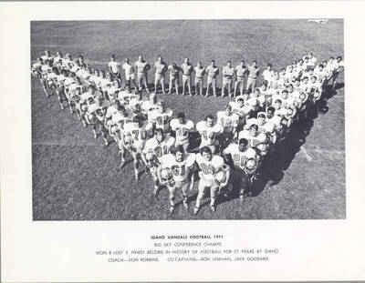 Team photo of the Big Sky Conference Champions. With an 8-3 record, the 1971 Idaho football team had the finest record in 77 years of Idaho football. The team was coached by Don Robbins and captained by Ron Linehan and Jack Goddard