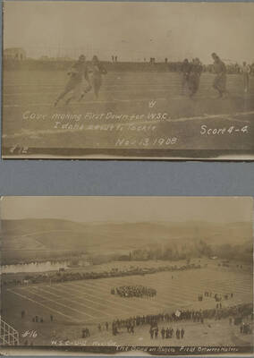 Cave makes a first down for Washington State as he is pursued by Vandal defenders. The Idaho band can be seen on Rogers field in Pullman at halftime as well.