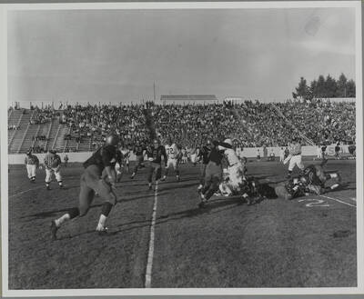 A Cougar runner is stood up by an Idaho tackler on an outside run.