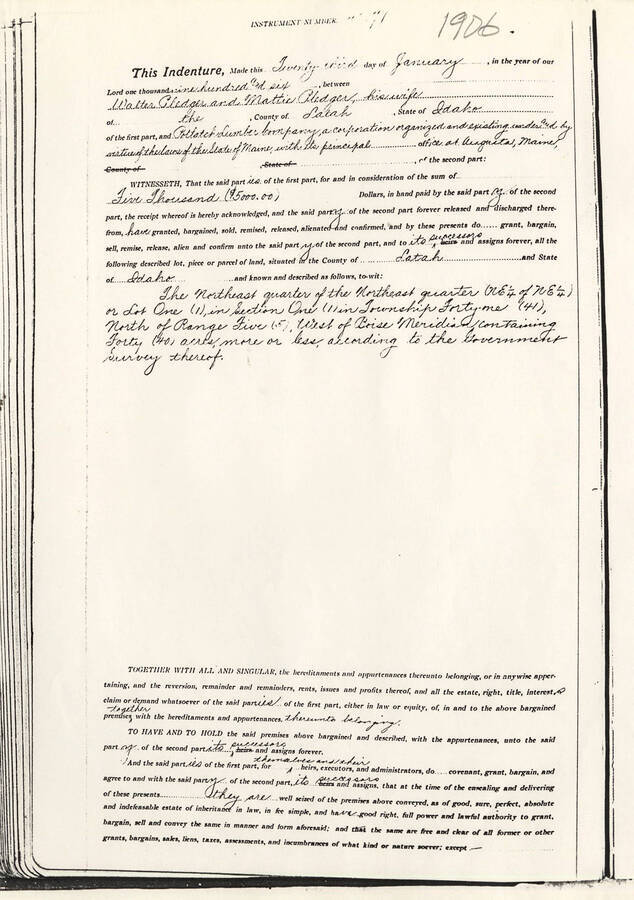 An indenture for land between Walter Aledger and his wife Mattie Aledger in Latah County.