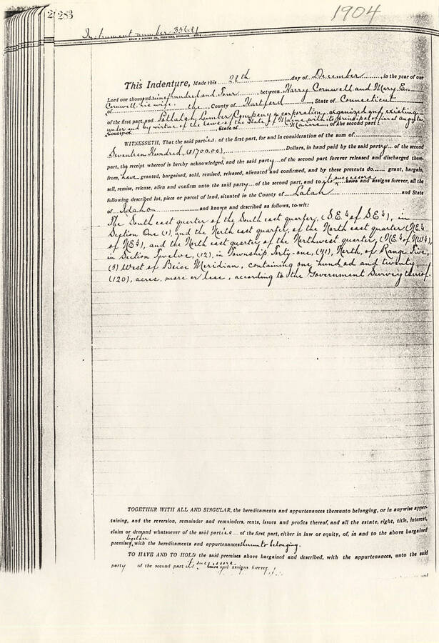 An indenture for land between Harry Cornwell and his wife Mary E. Cornwell in Hartford County, Connecticut.