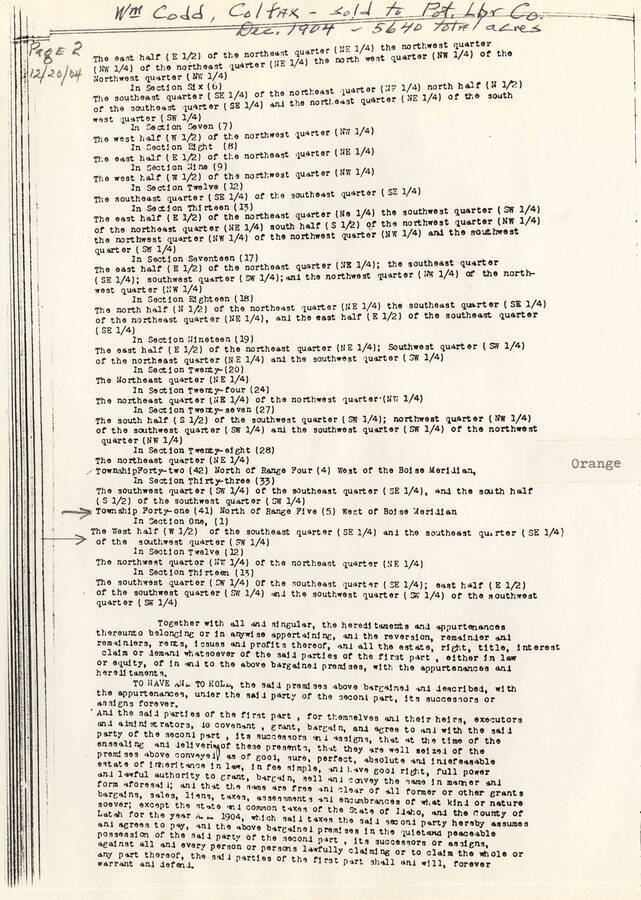 A document containing specifics of land purchased by the Potlatch Lumber Company.