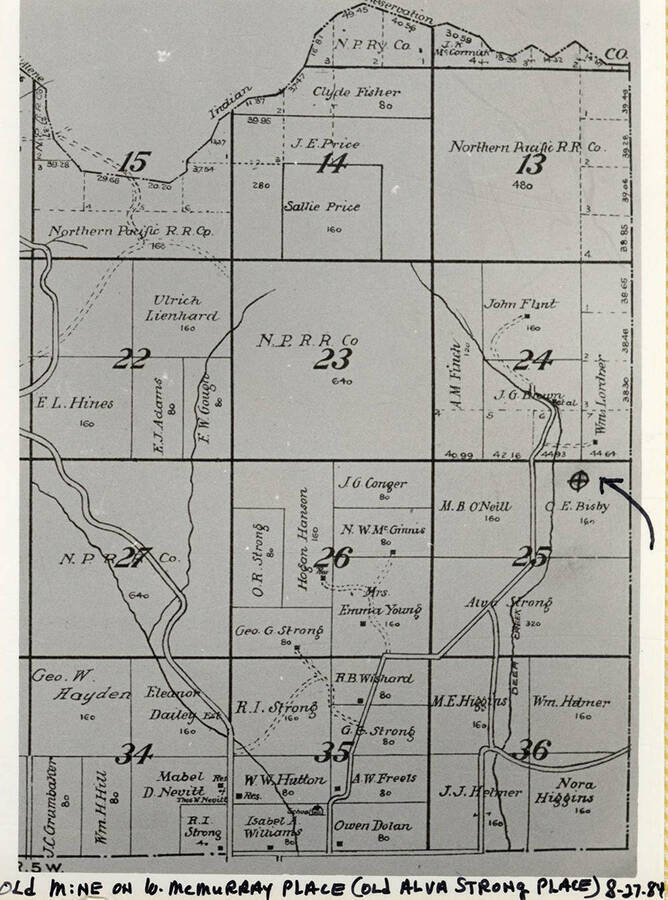 A map pointing out the location of the old mine on W. McMurray Place, the old Alva Strong Place at N.W. N.E. Sec. 25.