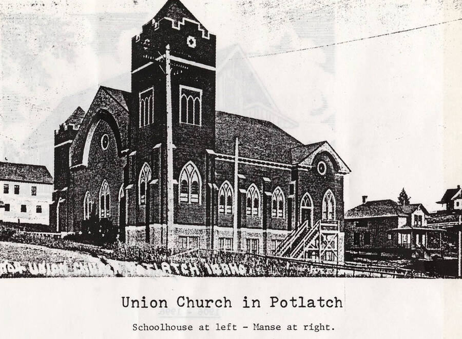 The Union Church with the schoolhouse to the left and Manse to the right in Potlatch, Idaho.