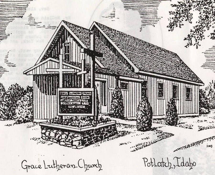 An illustration of the Grace Lutheran Church (1906-1996) in Potlatch, Idaho.