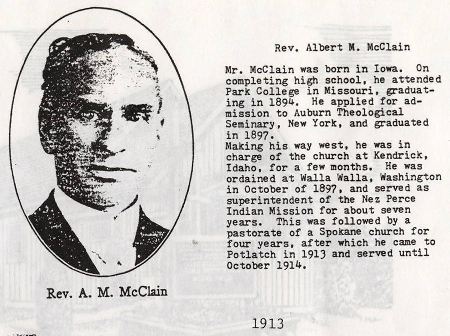 A photograph and small biography of Reverend A. M. McClain who served Potlatch in 1913.