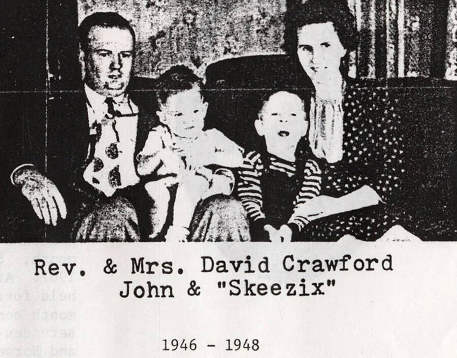 A photograph of Rev. David Crawford who served Potlatch from 1946-1948 with his wife and children John and 'Skeezix.'
