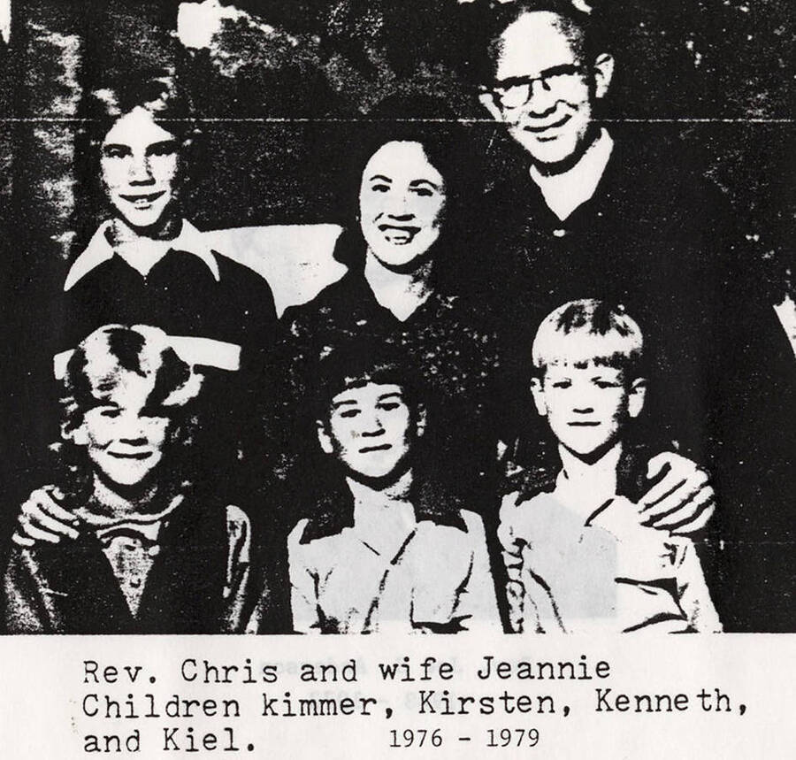A photograph of Reverend Chris who served Potlatch from 1976-1979 with his wife Jeannie and children Kimmer, Kirsten, Kenneth, and Kiel.
