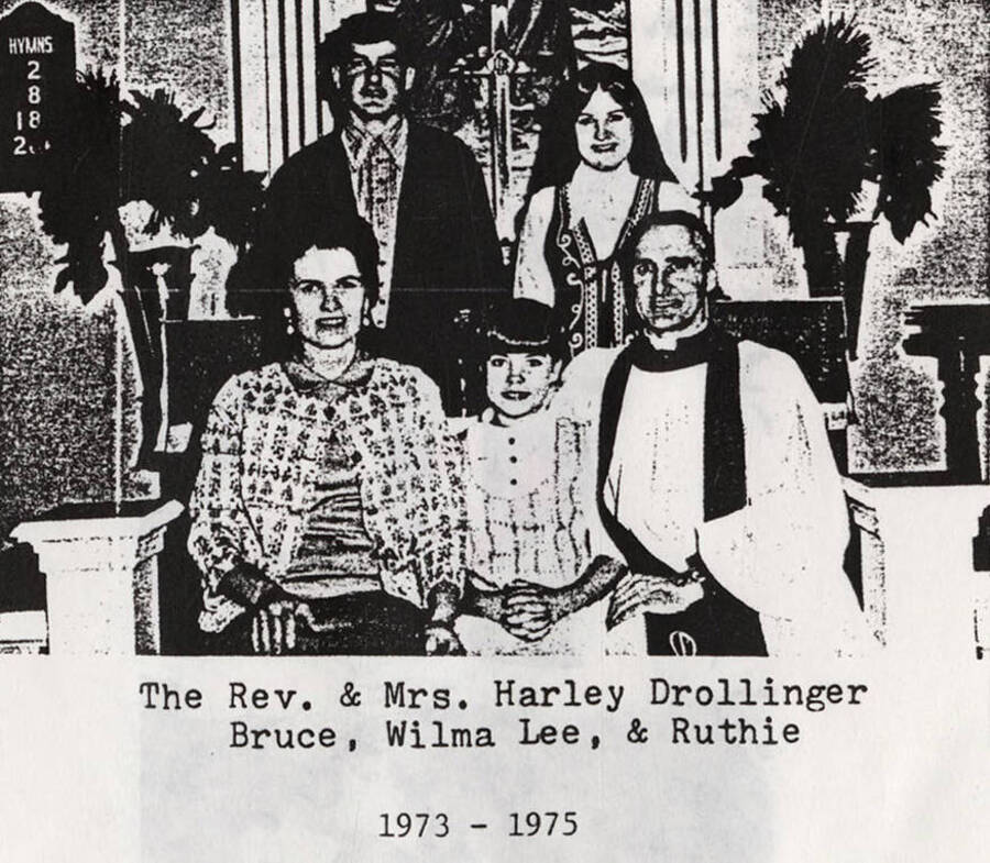 A photograph of Reverend Harley Drollinger who served Potlatch from 1973-1975 with his wife and children Bruce, Wilma Lee, and Ruthie.