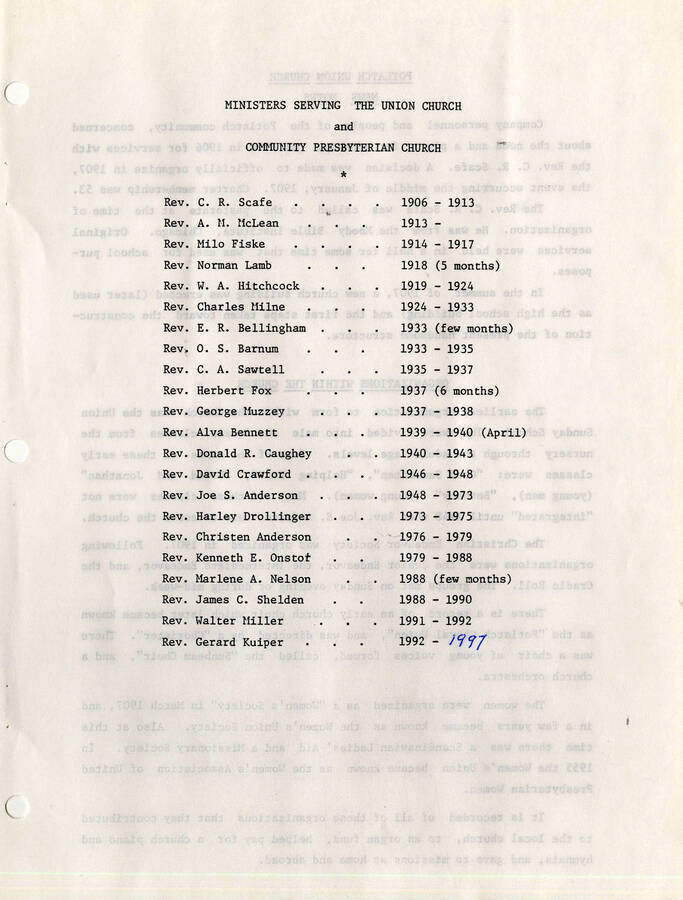 A list of ministers serving the Union Church and Community Presbyterian Church from 1906-1997 with the dates they served for.