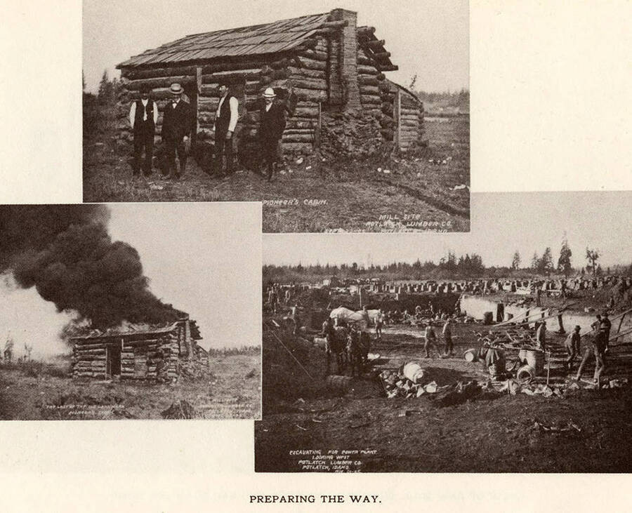 Three photographs of buildings and workers preparing for growth in Potlatch.
