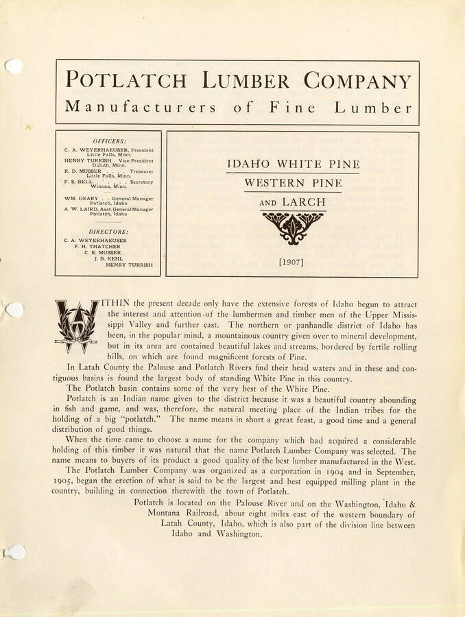 A document listing the officers and directors of the Potlatch Lumber Company along with information about the abundance of resources in the area of the mill.