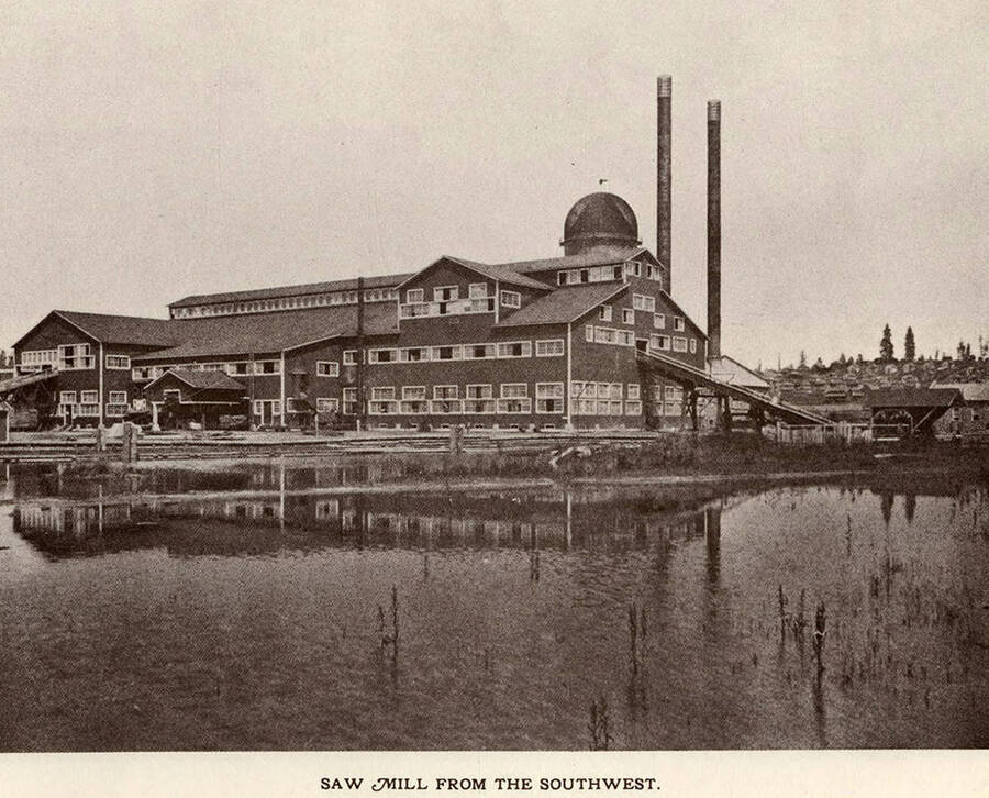 A photograph of the saw mill taken southwest of the mill.