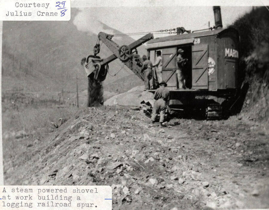 View of a steam powered shovel at work building a logging railroad spur. A few men can be seen standing on and next to the equipment.