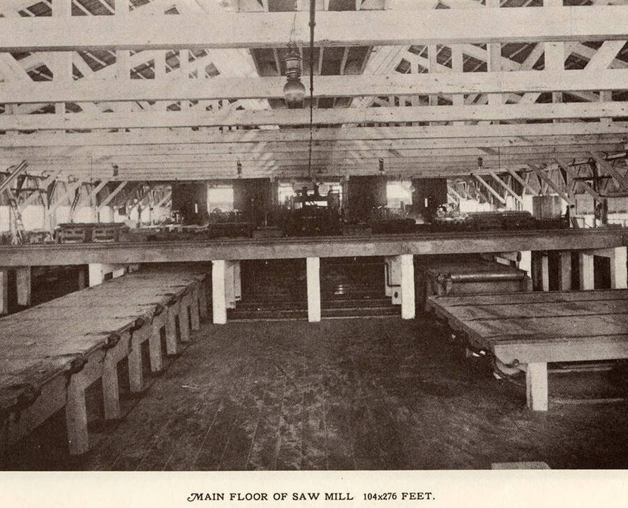 A photograph of the 104X276 foot interior of the main floor at the sawmill.