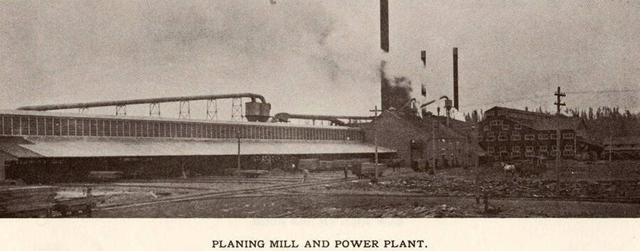 A photograph of the planing mill and power plant at the Potlatch Sawmill.