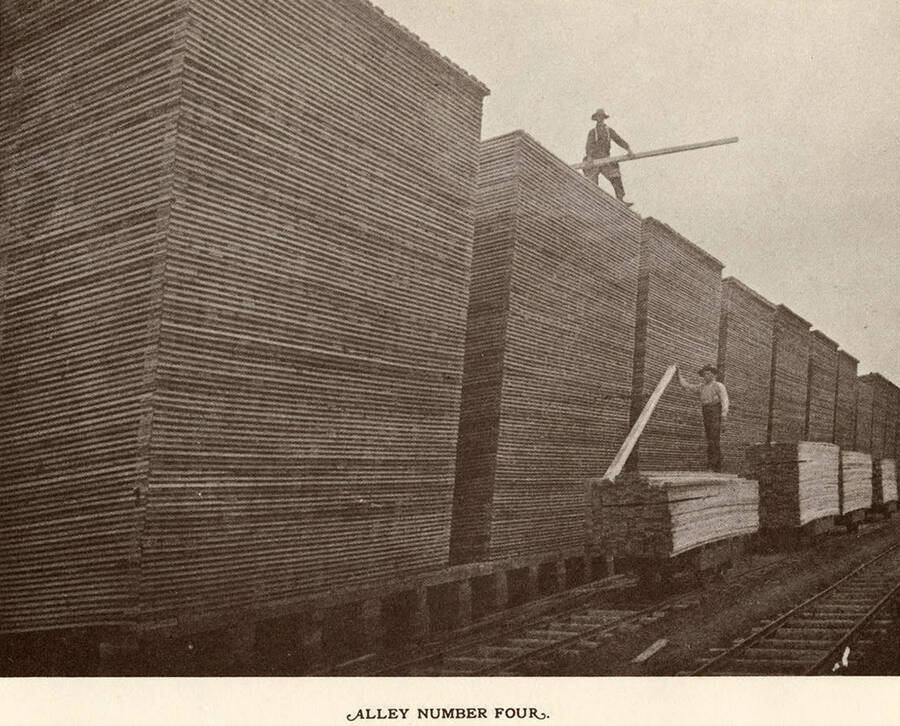 Two employees selecting lumber in alley number four of the lumber yard.