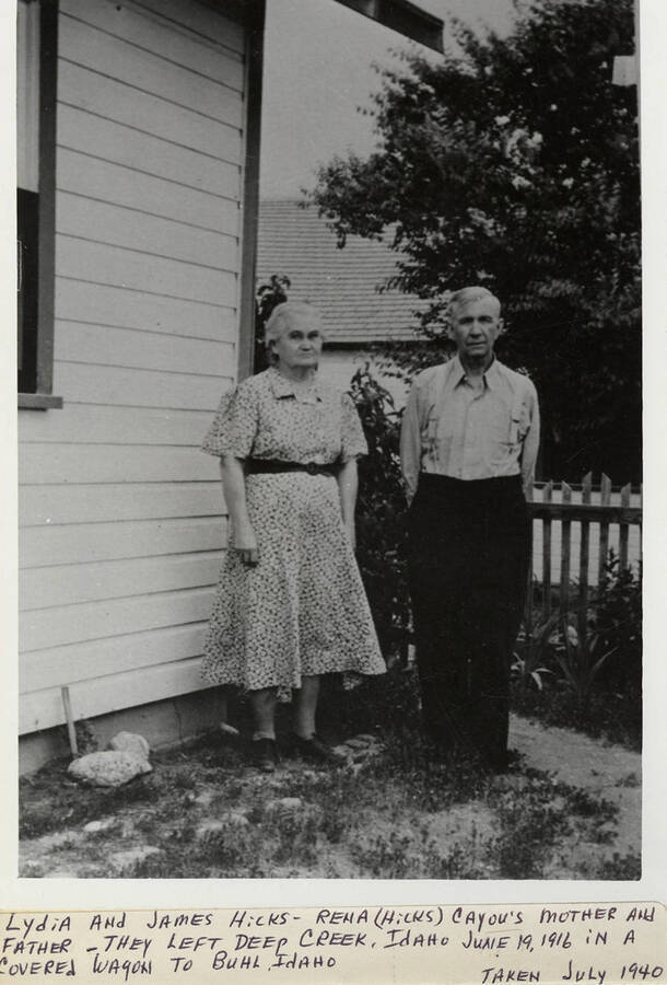 A photograph of Lydia and James Hicks, Rena (Hicks) Cayou's mother and father.  They left Deep Creek, Idaho, June 19, 1916 in a covered wagon to Buhl, Idaho.