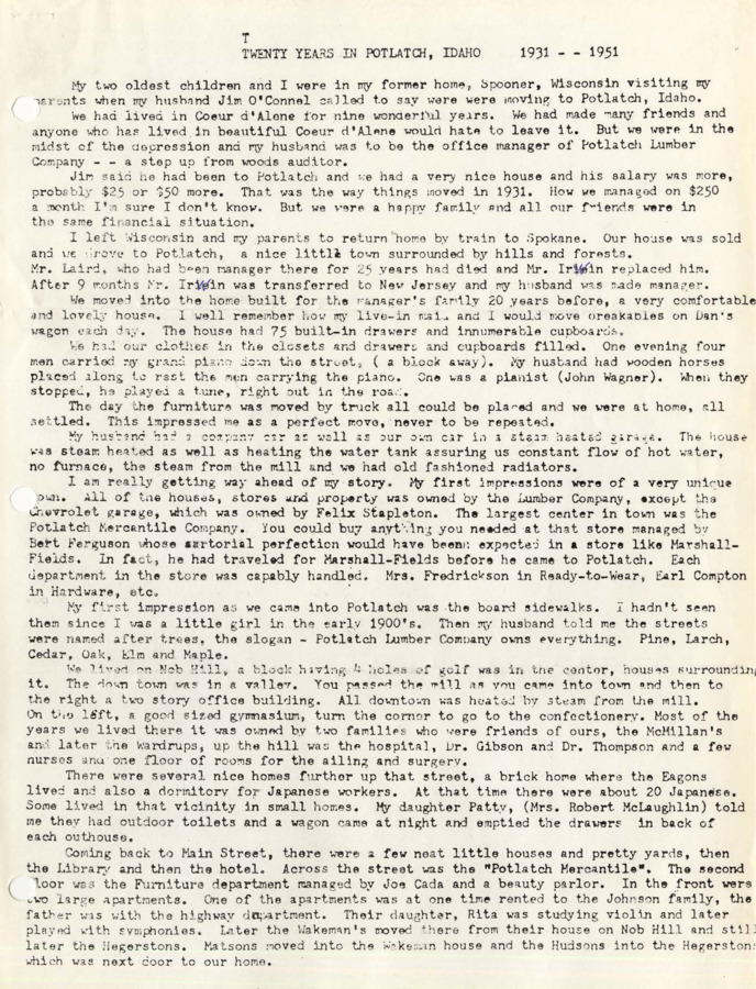 A paper written by Alta O'Connell about her activities and experiences during her twenty years spent in Potlatch, Idaho.
