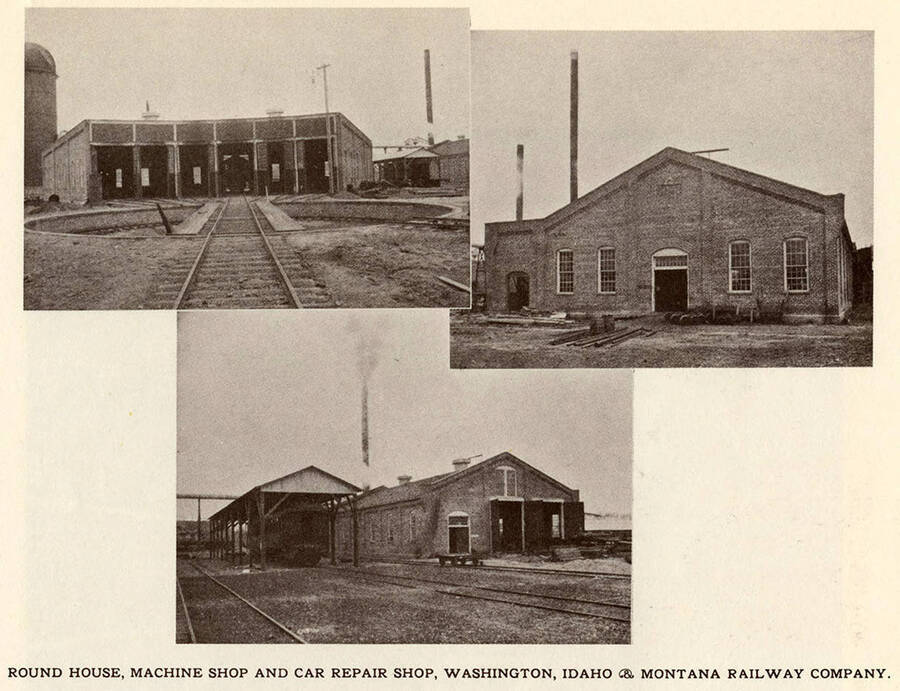 Photographs of the round house, machine shop, and car repair shop for the Washington, Idaho, and Montana Railway Company.