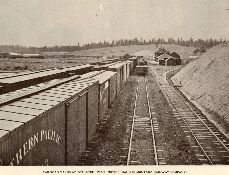 Photograph of one of Washington, Idaho, and Montana Railway Company's railroad yards at Potlatch.