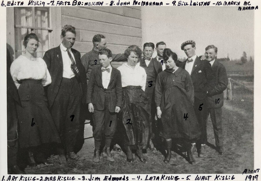 The Kislig family and friends line up for a photograph in front of a house.  Each person is numbered. 1. Art Kislig; 2. Mrs. Kislig; 3. Jim Edmonds; 4. Leta Kislig; 5. Walt Kislig; 6. Edith Kislig; 7. Fritz Brincken; 8. John [McManama]; 9. Bill Leistne; 10. Marvin [McManama]