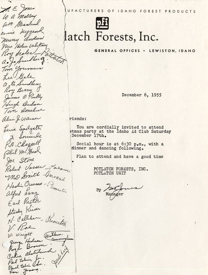 An invitation to a Christmas party from the Potlatch Forests, Inc. and a list of those invited.