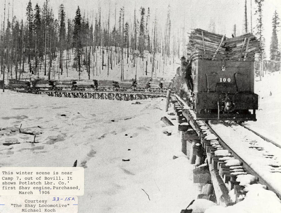 View of the company's first Shay engine hauling logs during the winter near Camp 7, which is located just out of Bovill, Idaho.