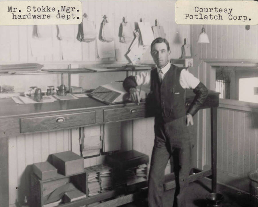 A photograph of Mr. Stokke the hardware department manager.