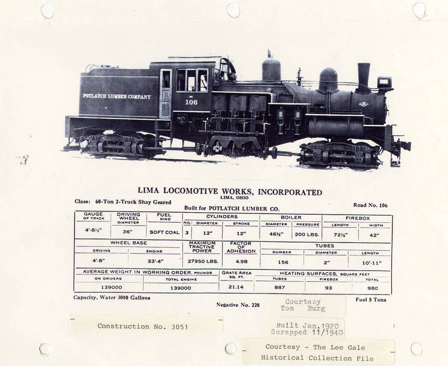 Document illustrating the locomotive that was built for Potlatch Lumber Company by Lima Locomotive Works, Incorporated. The engine was built in January of 1920 and scrapped in November of 1940.
