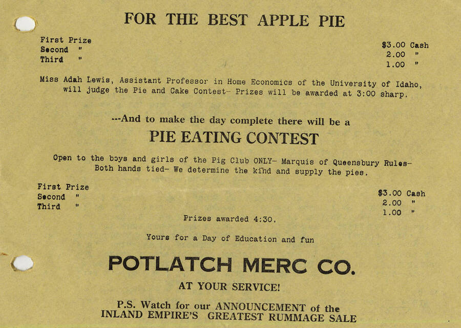 The second part of an announcement for the Latah County Pig Club Show that states the prizes for the best apple pie and the pie eating contest.