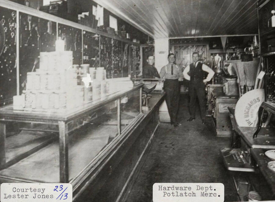 A photograph of the hardware departments interior in the Potlatch Mercantile Company.