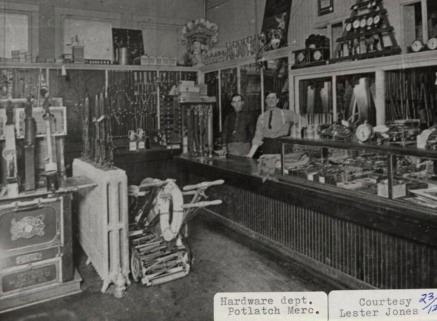 A photograph of the interior of the hardware department of the Potlatch Mercantile Company.