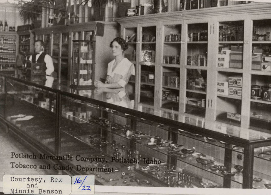 A photograph of the counter inside the tobacco and candy department of the Potlatch Mercantile Company in Potlatch, Idaho.