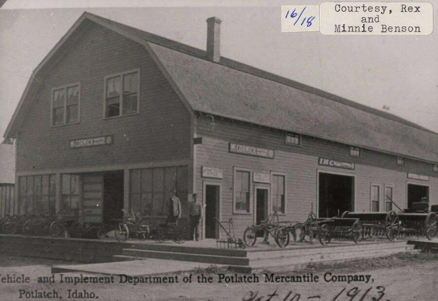 A photograph of the vehicle and implement department of the Potlatch Mercantile Company of Potlatch, Idaho.